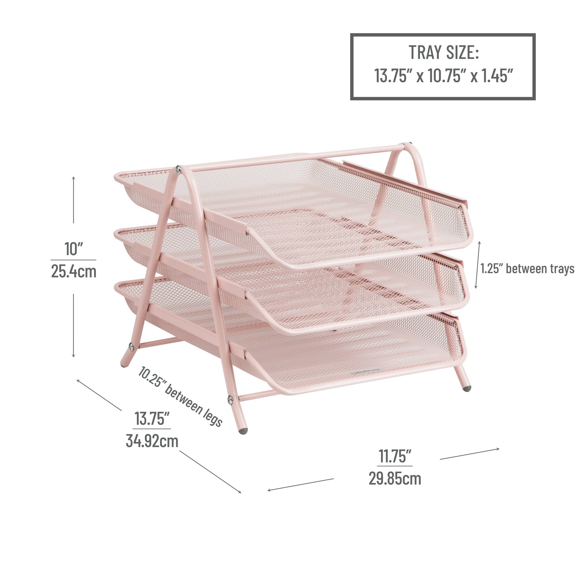 Mind Reader 3-Tier Paper Tray, Desktop Organizer, File Storage, Workspace, Office, Metal Mesh, 11.75"L x 13.75"W x 10"H, Pink